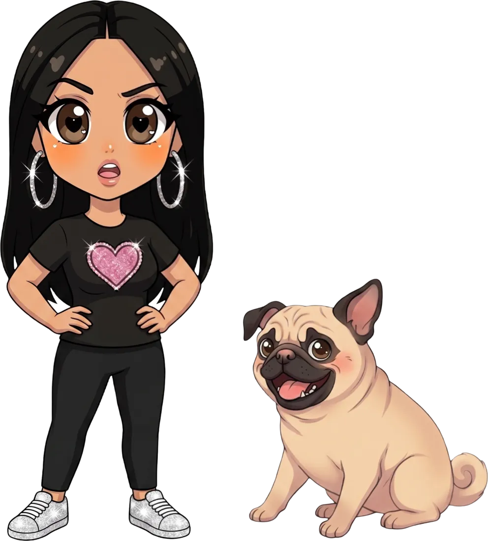 Maria, hands on hips, with Pawlie the pug